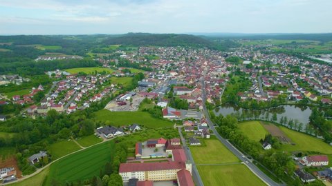 Aerial view of the city Auerbach in Germany, Bavaria on a sunny day in spring.