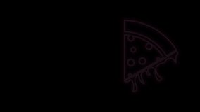 Glowing neon line Slice of pizza icon isolated on black background. 4K Video motion graphic animation.