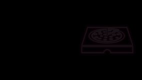 Glowing neon line Pizza in cardboard box icon isolated on black background. Box with layout elements. 4K Video motion graphic animation.