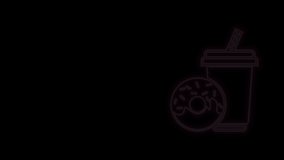 Glowing neon line Soda drink with drinking straw and donut icon isolated on black background. Fast food symbol. 4K Video motion graphic animation.