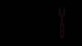 Glowing neon line Barbecue fork icon isolated on black background. BBQ fork sign. Barbecue and grill tool. 4K Video motion graphic animation.