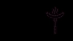 Glowing neon line Sausage on the fork with steam icon isolated on black background. Grilled sausage and aroma sign. 4K Video motion graphic animation.