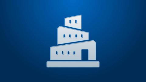 White line Babel tower bible story icon isolated on blue background. 4K Video motion graphic animation.