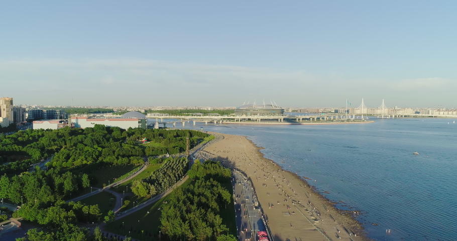 St. petersburg, the embankment of the gulf with a view of the football stadium, the Western high-speed diameter, cable-stayed bridge. SAINT PETERSBURG, RUSSIA, Aerial view 4k