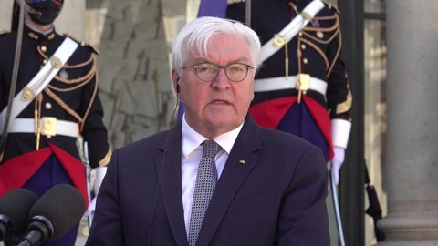 Paris, FRANCE - May 26th 2021: The President of Germany Frank-Walter Steinmeier in press conference in the courtyard of Elysée Palace with the french president.