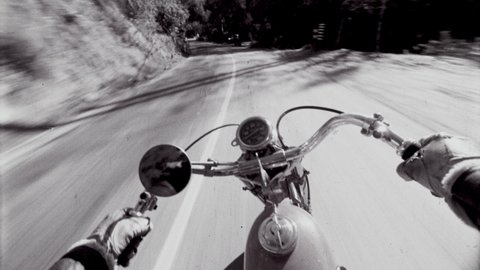 1960s Temecula, CA. First Person Perspective on a Motorcycle. The twist and turns of Palomar Mountain Motorcycle Ride. 4K Overscan of Vintage Archival 35mm Film Print 