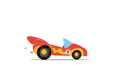 Red empty racing car rides on a white background. 4k quality blank cartoon transport animation. Alpha channel. The wheels are spinning. 2d color animation for kids