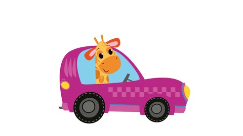 A cute giraffe rides in a toy taxi car. Animated purple drawing transport with an animal driver. 4k cartoon character. 2d color animation for children. Alpha channel. The wheels are spinning