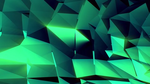 Green polygonal shapes with a strong glow effect morph and move randomly. Futuristic, technological, sci-fi.