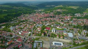 Aerial view of the city Kronach in Germany on a sunny day in spring.