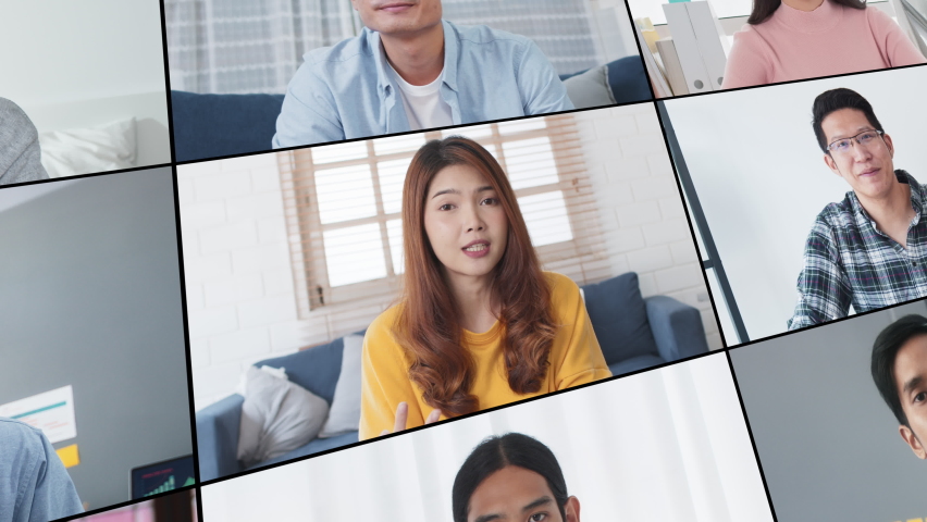 Group of young Asian business people, office coworker on video online conference call, remote team meeting. Work from home, internet communication technology, coronavirus social distancing lifestyle | Shutterstock HD Video #1074951389