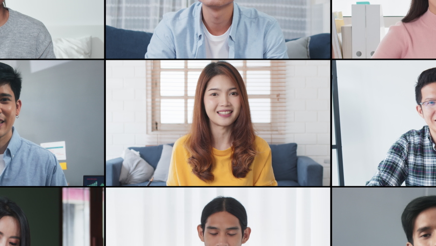 Group of young Asian business people, office coworker on video online conference call, remote team meeting. Work from home, internet communication technology, coronavirus social distancing lifestyle | Shutterstock HD Video #1074951392