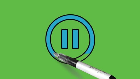 Drawing pause button in blue circle in black and blue colour combination on abstract green screen background