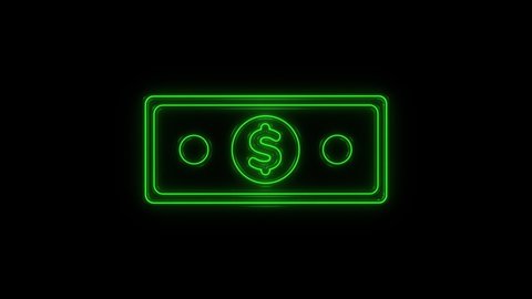 Glowing neon line banknote dollar icon isolated on black background. Banking currency sign. Cash symbol. 4K Video motion graphic animation