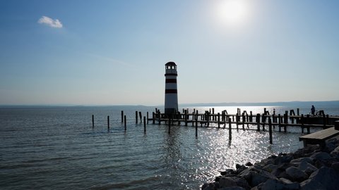 Lighthouse under the sun, Lake Neusiedler See, Podersdorf, Austria, wide shot