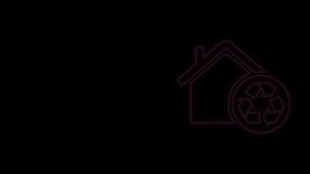 Glowing neon line Eco House with recycling symbol icon isolated on black background. Ecology home with recycle arrows. 4K Video motion graphic animation.