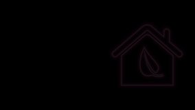 Glowing neon line Eco friendly house icon isolated on black background. Eco house with leaf. 4K Video motion graphic animation.