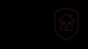 Glowing neon line House under protection icon isolated on black background. Home and shield. Protection, safety, security, protect, defense concept. 4K Video motion graphic animation.