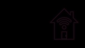 Glowing neon line Smart home with wi-fi icon isolated on black background. Remote control. 4K Video motion graphic animation.