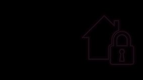 Glowing neon line House under protection icon isolated on black background. Home and lock. Protection, safety, security, protect, defense concept. 4K Video motion graphic animation.