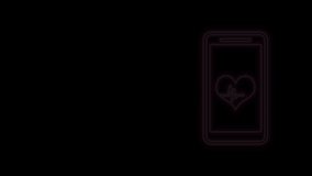 Glowing neon line Smartphone with heart rate monitor function icon isolated on black background. 4K Video motion graphic animation.