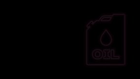 Glowing neon line Plastic canister for motor machine oil icon isolated on black background. Oil gallon. Oil change service and repair. Engine oil sign. 4K Video motion graphic animation.