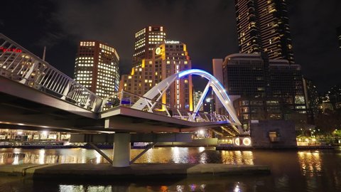 Melbourne, Australia - Jun 24, 2021: Moving shot of Melbourne CBD at night