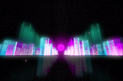 Animated neon city with bright pink sun. Modern creative footage.の動画素材