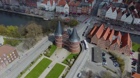 A top view shot of the city gate of Holstentorplatz, Lubeck, Germany