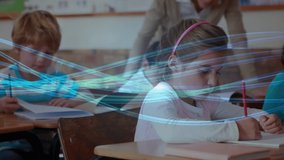 Animation of connections and data processing over schoolgirl writing. global education, technology, connections and digital interface concept digitally generated video.