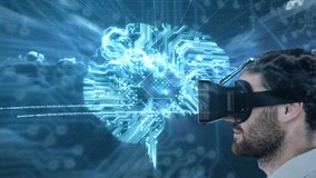 Caucasian man wearing vr headset over microprocessor connections forming a brain and data processing. global business and futuristic technology concept - Powered by Shutterstock - Get 15% off with code: PIKWIZARD15