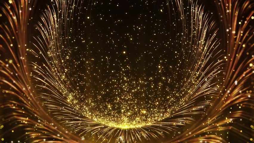Beautiful Luxurious golden light sparkling particles stripes . sphere tunnel with glitter sparkles for Oscar award ceremony event. Digital Art. Modern background. motion design. Loopable. LED. 4K Royalty-Free Stock Footage #1074975842
