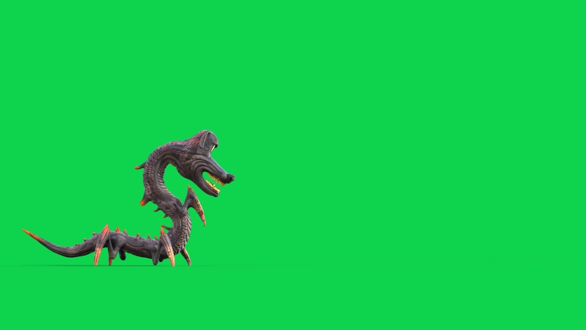 Cartoon Dragon Dog Green Screen Turn Attack Monster Side 3D Animation 4K