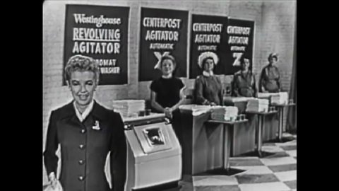 CIRCA 1950s - Women who will be participating in a live TV demonstration of different washing machines are introduced.