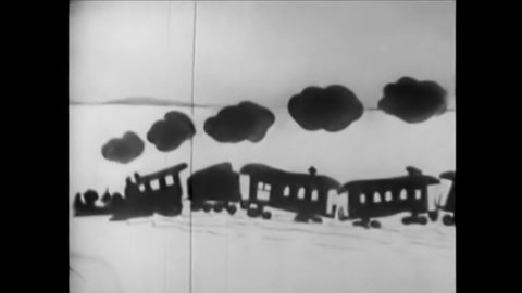 CIRCA 1926 - In this animated film, a monkey tries to stop a runaway train but it crashes into water before resurfacing in a tunnel
