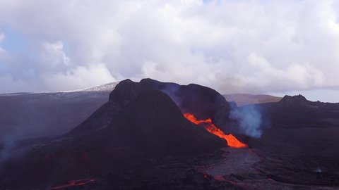 ICELAND - CIRCA 2020s - The dramatic volcanic eruption of the Fagradalsfjall volcano on the Reykjanes Peninsula in Iceland.