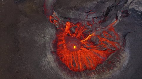 ICELAND - CIRCA 2020s - Drone aerial top down view of active volcano crater Fagradalsfjall volcano on the Reykjanes Peninsula in Iceland.