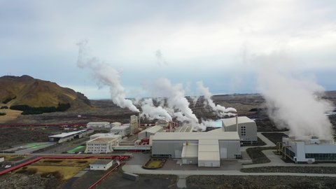 ICELAND - CIRCA 2020s - Good aerial around the geothermal power plant near the Blue Lagoon in Iceland.