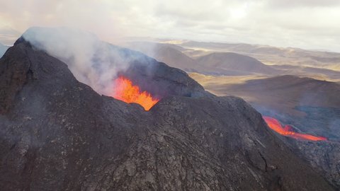 ICELAND - CIRCA 2020s - Incredible aerial of the dramatic volcanic eruption of the Fagradalsfjall volcano on the Reykjanes Peninsula in Iceland.