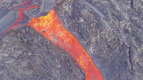 ICELAND - CIRCA 2020s - Beautiful abstract aerial shot of lava rivers flowing near the Fagradalsfjall volcano volcanic explosive eruption in Iceland.