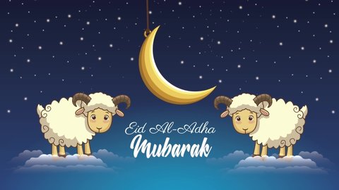 eid mubarak celebration lettering with goats and moon ,4k video animated