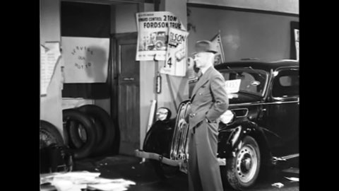CIRCA 1940s - A man asks for information on the newest Ford models at a dealership in Britain, but the owner is too disorganized to be of much help.