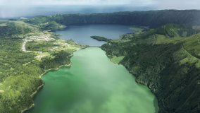 Overhead shot of greenery landscape from Miradouro do Cerrado das Freiras viewpoint, Sao Miguel island, Azores, Portugal, Europe. Lagoon of the Seven Cities surrounded summer nature, 4k footage