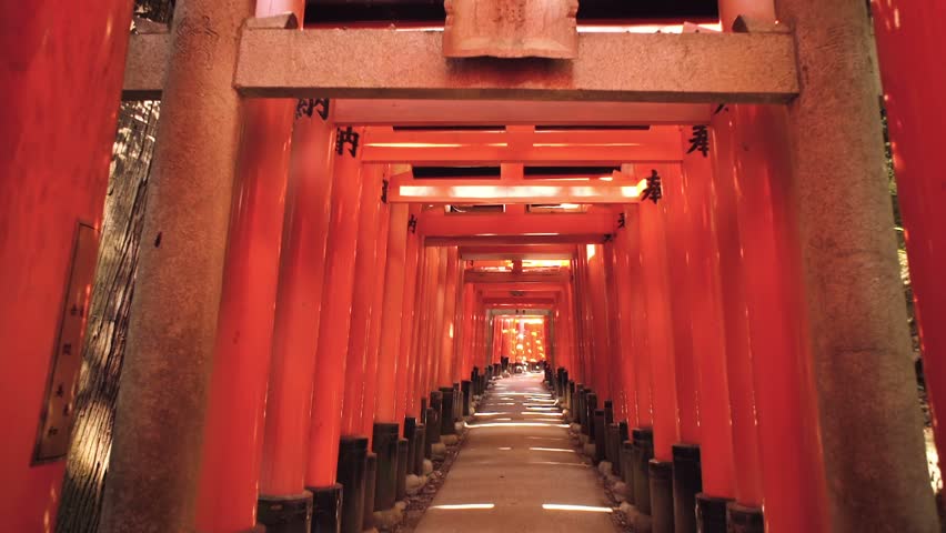 POV walk through the famous orange gates at Fushimi Inari Shinto shrine in Kyoto, Japan. Shot with motorized gimbal for smooth, floating motion. | Shutterstock HD Video #10750037