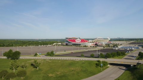 Kansas City , Missouri , United States - 06 13 2021: Drone Flies toward Arrowhead Stadium, Home of the Kansas City Chiefs