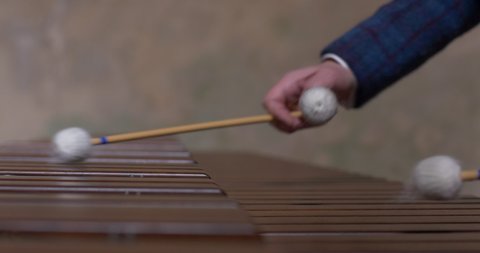 Close up shot of musician hands playing xylophone. sticks playing on wooden music instrument, man fast drumming classic music on impressive marimba xylophone musical instrument
