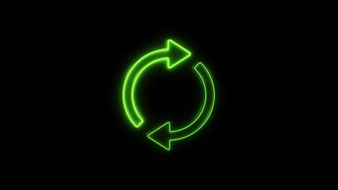Glowing neon line Recycle symbol icon isolated on black background. Circular arrow icon. 4K