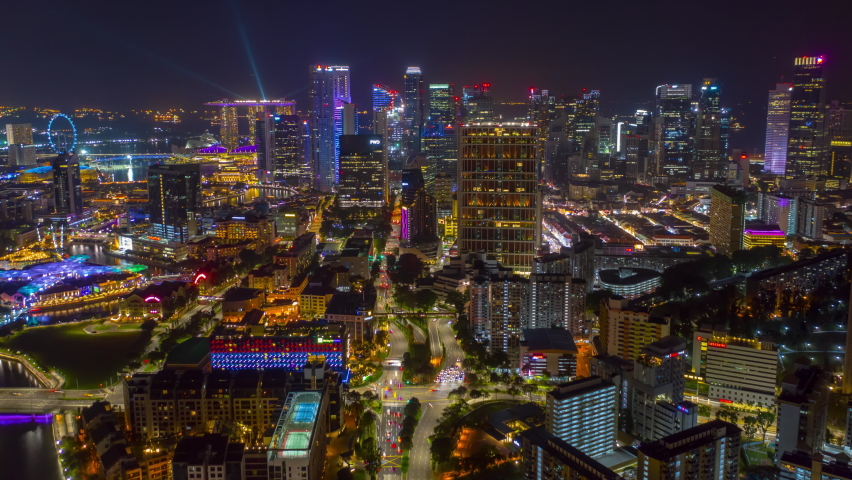 night illumination singapore city center traffic streets aerial timelapse panorama 4k