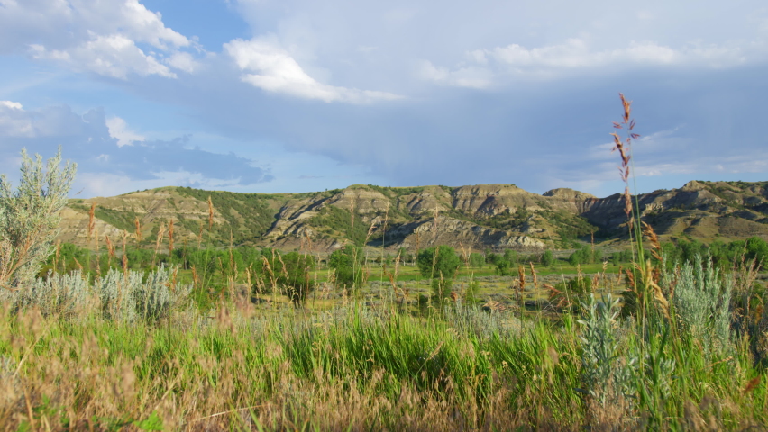 Rugged Badlands At Theodore Roosevelt National Park In American State Of North Dakota. wide shot