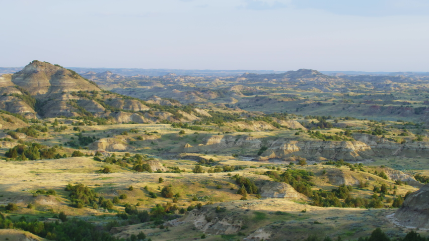 Beautiful Scenery Of Rugged Badlands Of Theodore Roosevelt National Park In North Dakota. Panning to the left